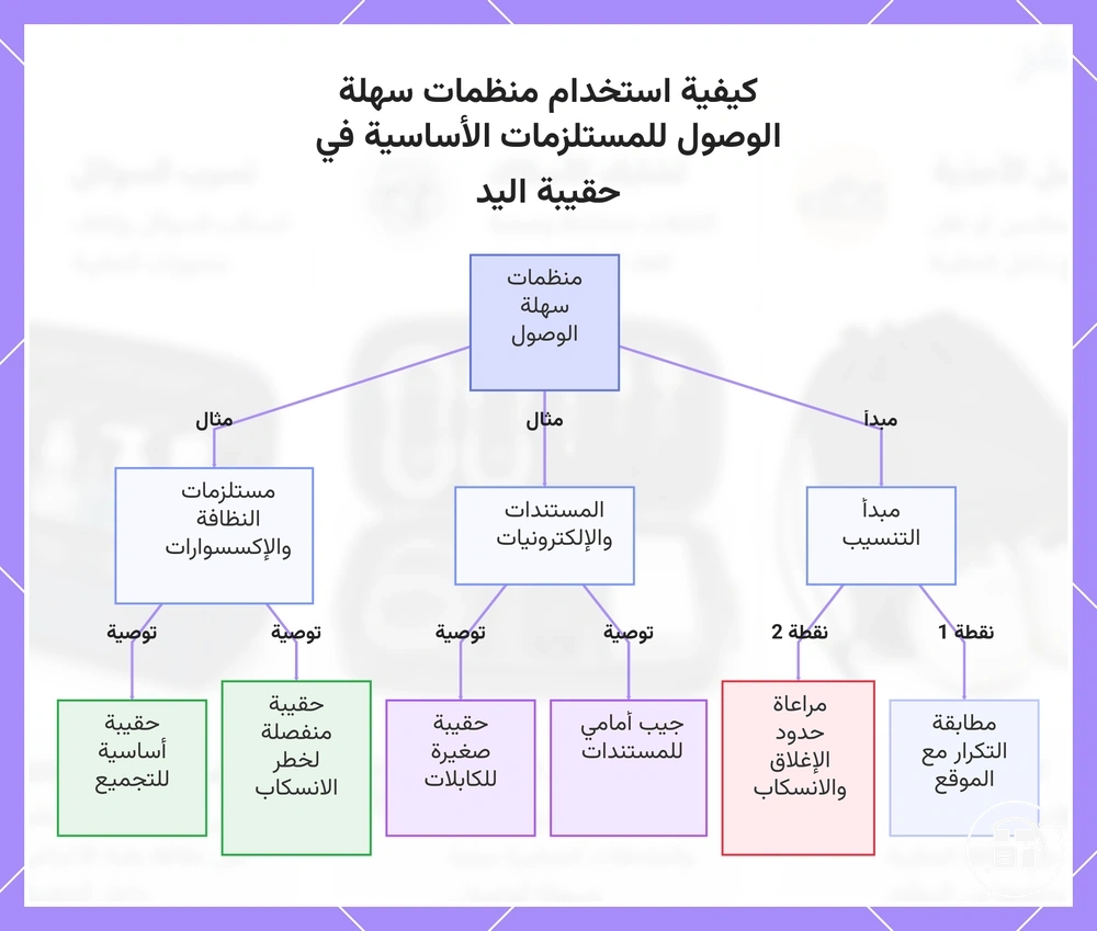 كيفية استخدام منظمات سهلة الوصول للمستلزمات الأساسية في حقيبة اليد