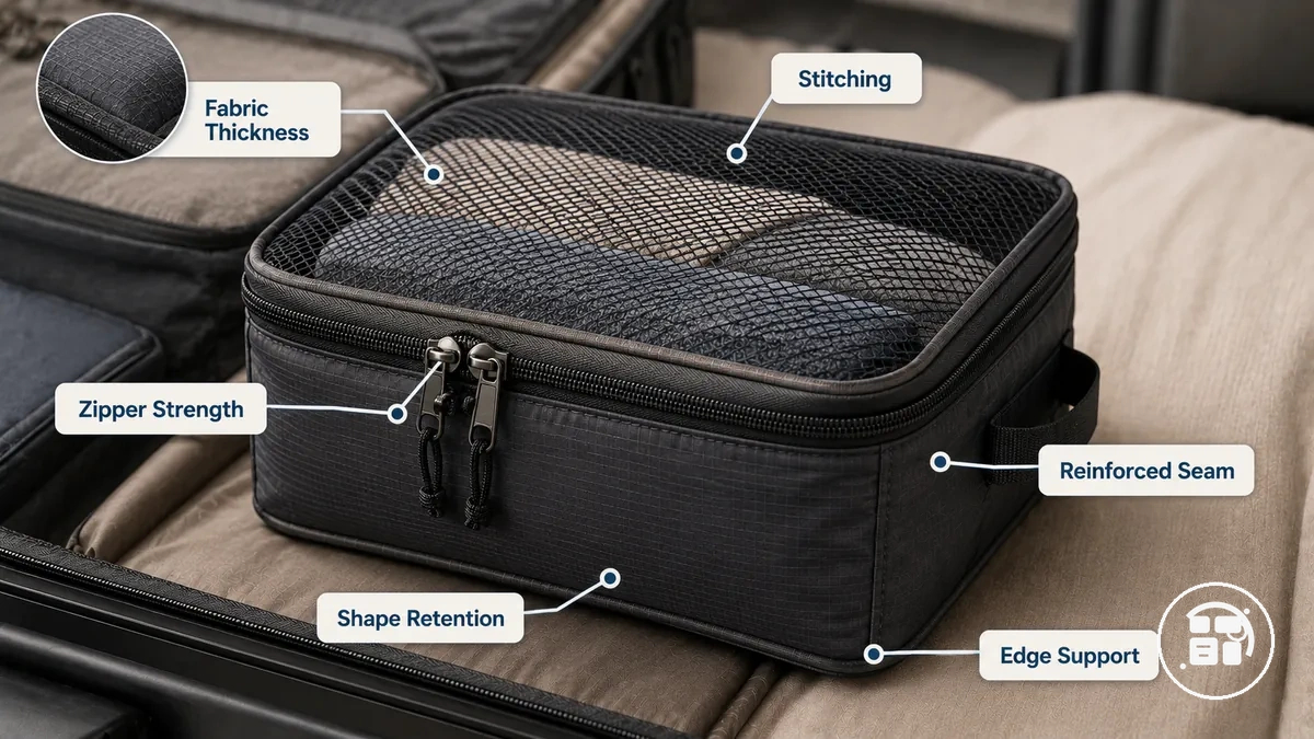 مؤشرات متانة منظم السفر تشمل الخياطة والسحاب والقماش المقوى