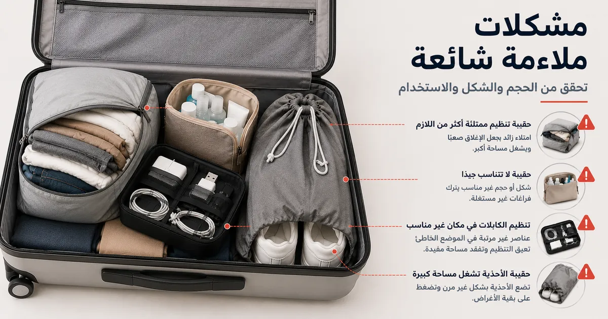 ملحقات تنظيم السفر تعرض مشكلات ملاءمة شائعة أثناء الحزم