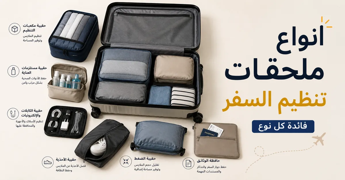 أنواع مختلفة من ملحقات تنظيم السفر معروضة معًا