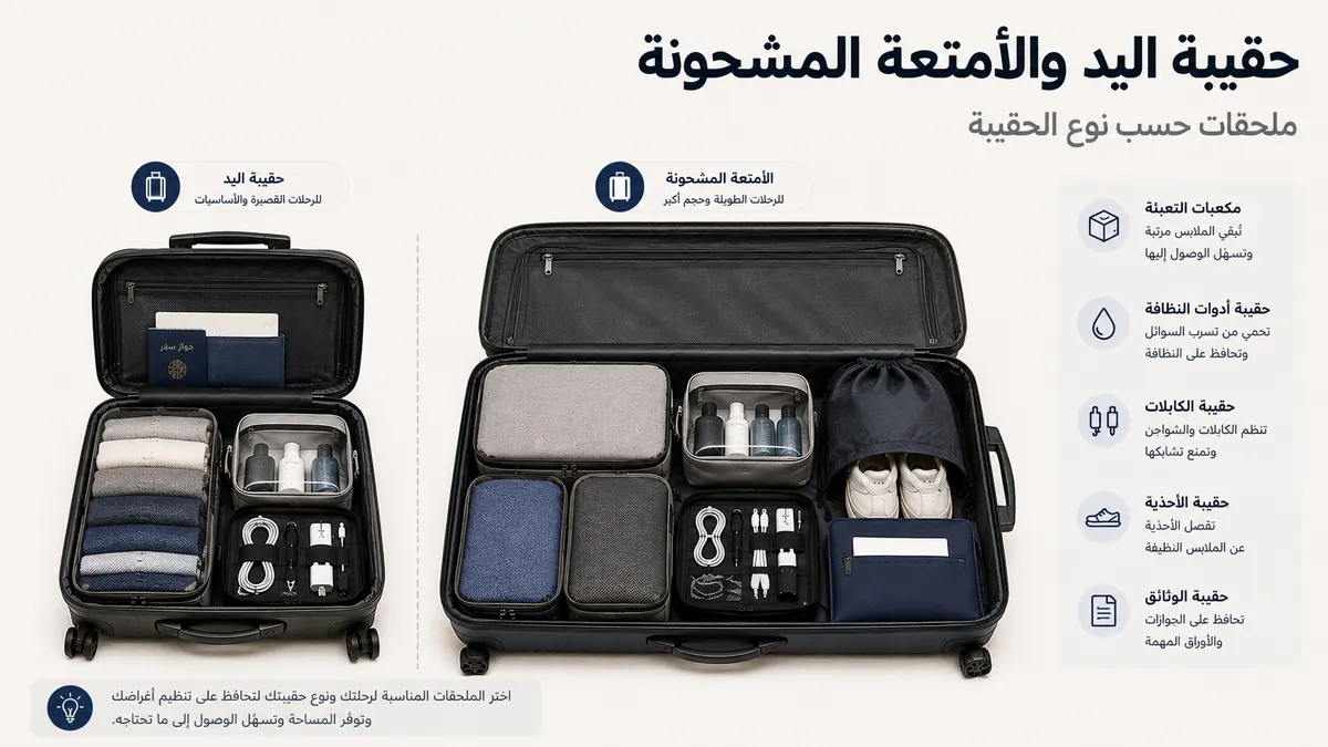 ملحقات تنظيم السفر موضوعة داخل حقيبة يد وأمتعة مشحونة