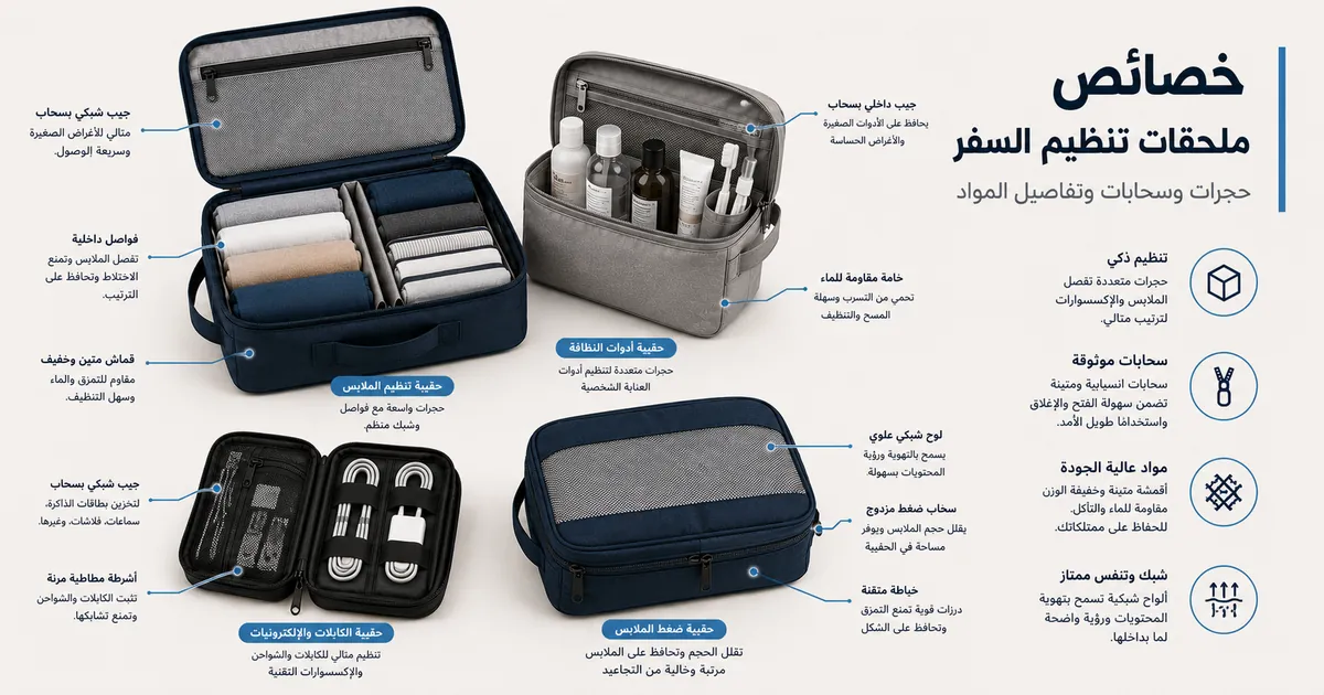 ملحقات تنظيم السفر مع حجرات وسحابات وتفاصيل للمواد