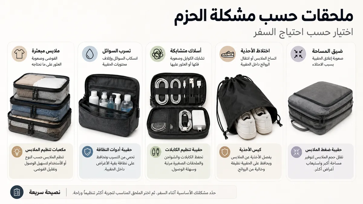 ملحقات تنظيم السفر مجمعة حسب مشكلات شائعة في حزم الأمتعة