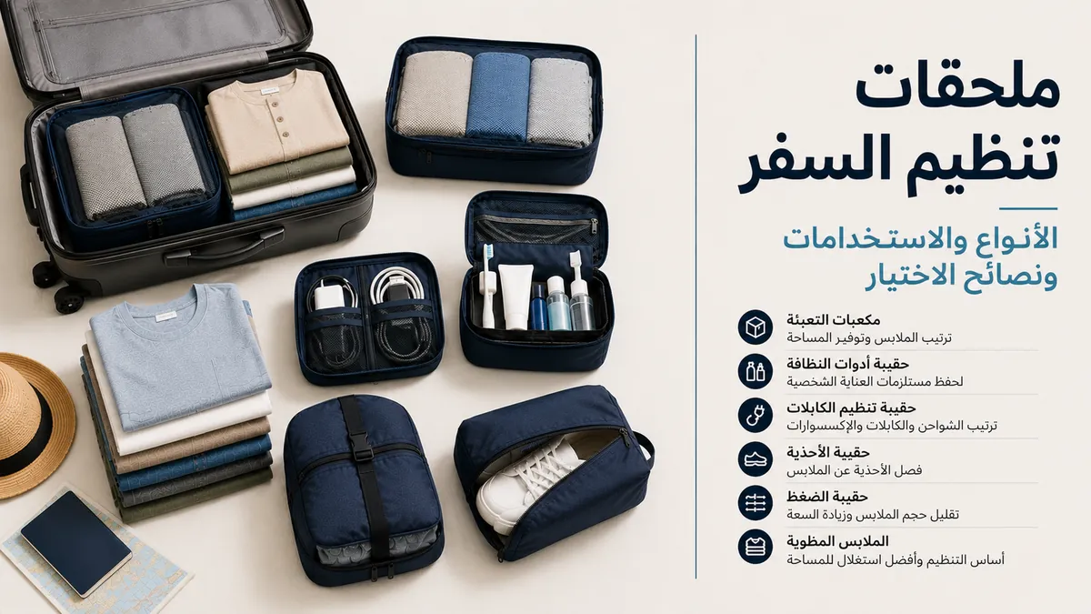 ملحقات تنظيم السفر مرتبة للتجهيز والمقارنة قبل حزم الأمتعة