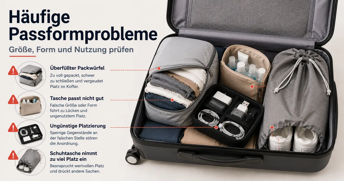 Gepäck-Organizer-Zubehör mit häufigen Passformproblemen beim Packen