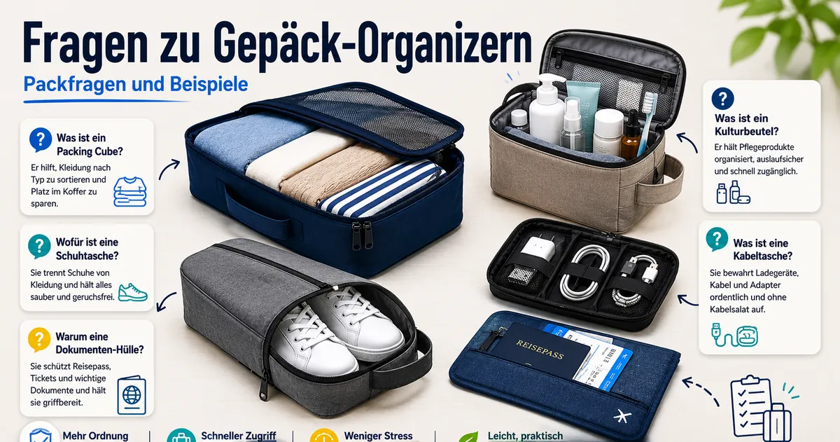 Gepäck-Organizer-Zubehör mit häufigen Packfragen und Beispielen für Organizer