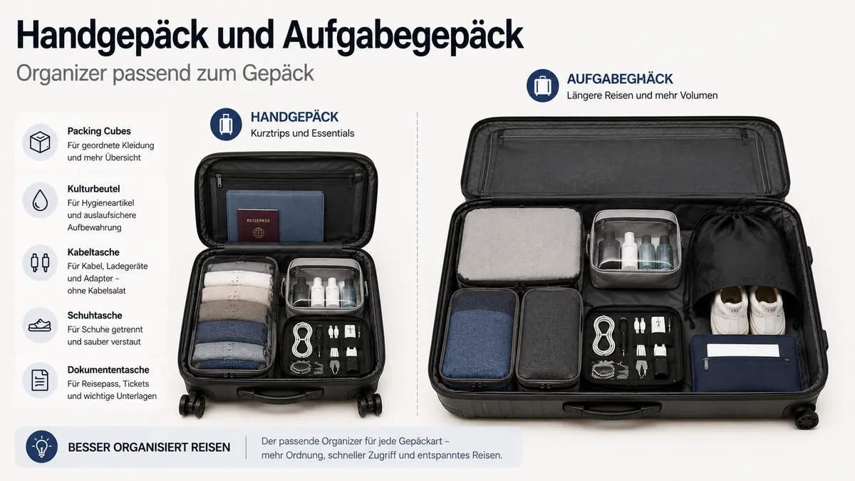 Reise-Organizer-Zubehör in Handgepäck und Aufgabegepäck platziert