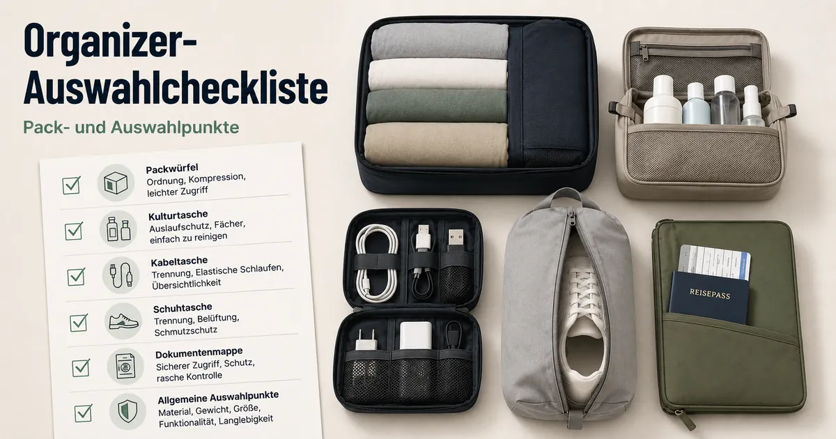 Checkliste für Gepäck-Organizer-Zubehör mit Pack- und Auswahlpunkten