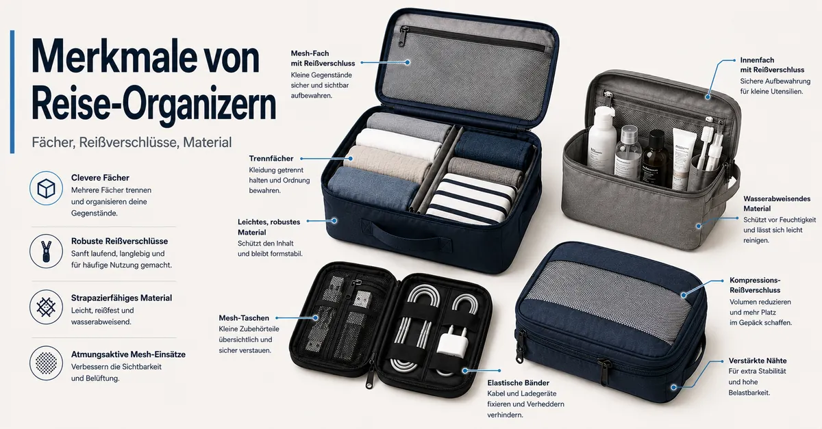 Reise-Organizer-Zubehör mit Fächern Reißverschlüssen und Materialdetails