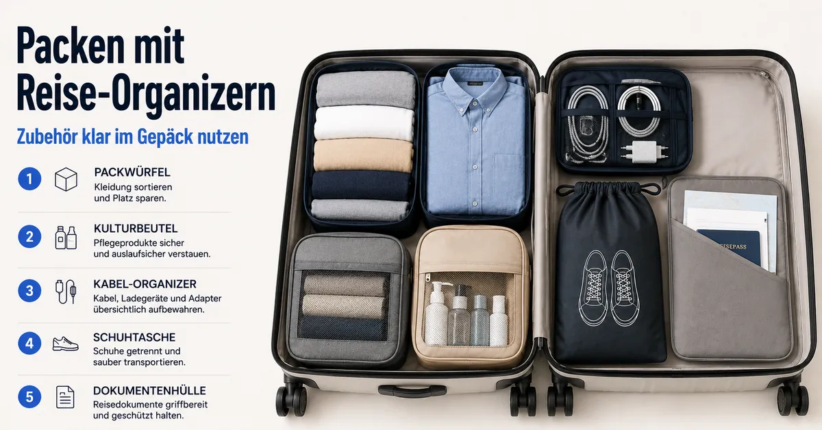 Reise-Organizer-Zubehör für geordnetes Packen im Gepäck angeordnet