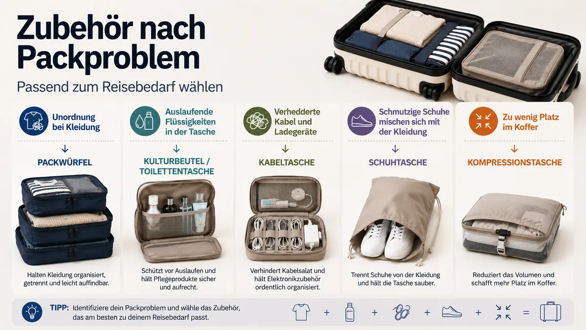 Reise-Organizer-Zubehör nach häufigen Packproblemen gruppiert