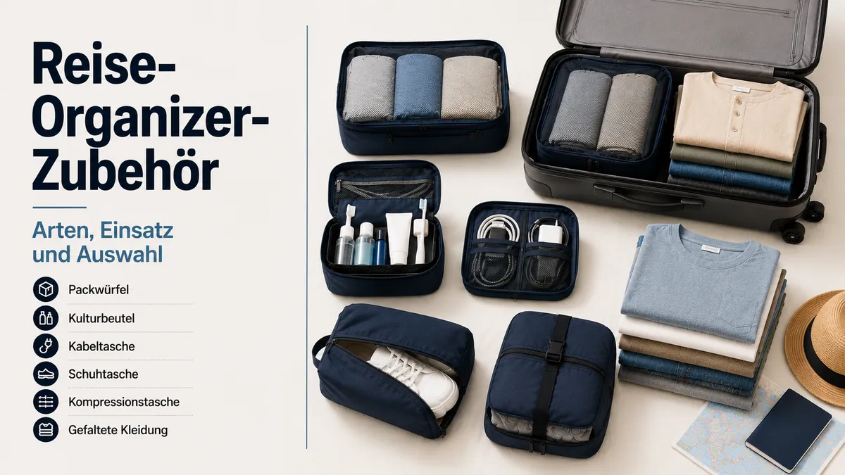 Reise-Organizer-Zubehör zum Packen und Vergleichen angeordnet
