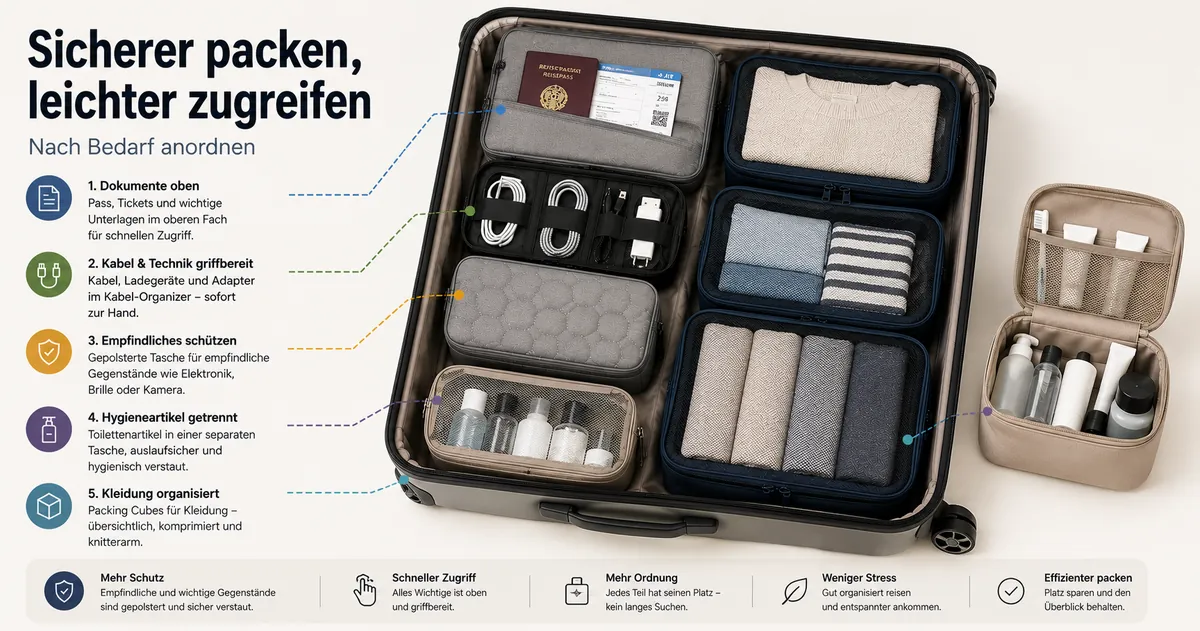 Gepäck-Organizer-Zubehör für sichereres Packen und leichten Zugriff angeordnet