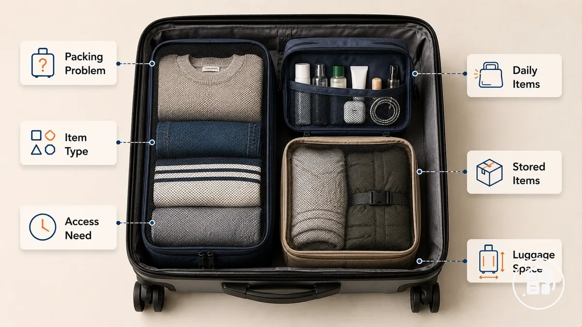 in Gepäck nach Packzweck angeordnetes Reise-Organizer-Zubehör