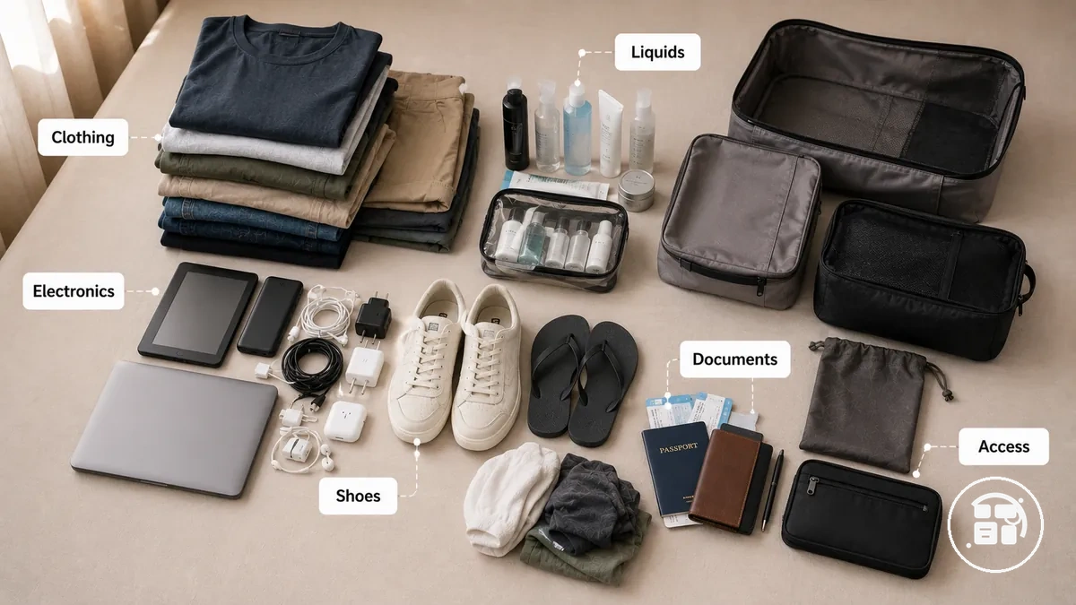 Reisegegenstände, gruppiert vor dem Befüllen von Pack-Organizern