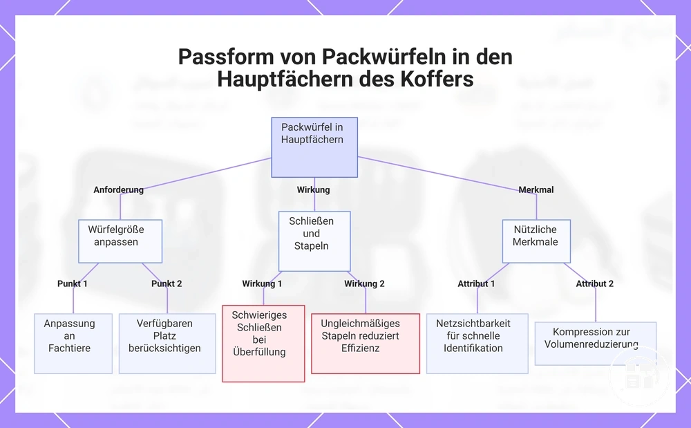 Passform von Packwürfeln in den Hauptfächern des Koffers