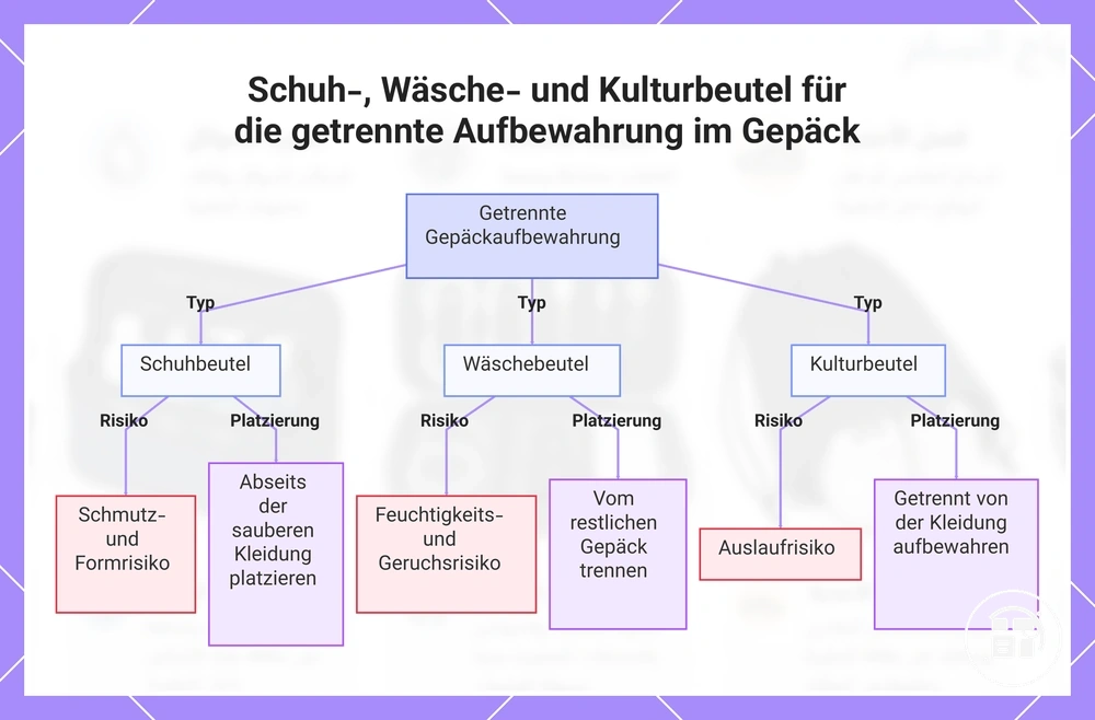 Schuh-, Wäsche- und Kulturbeutel für die getrennte Aufbewahrung im Gepäck