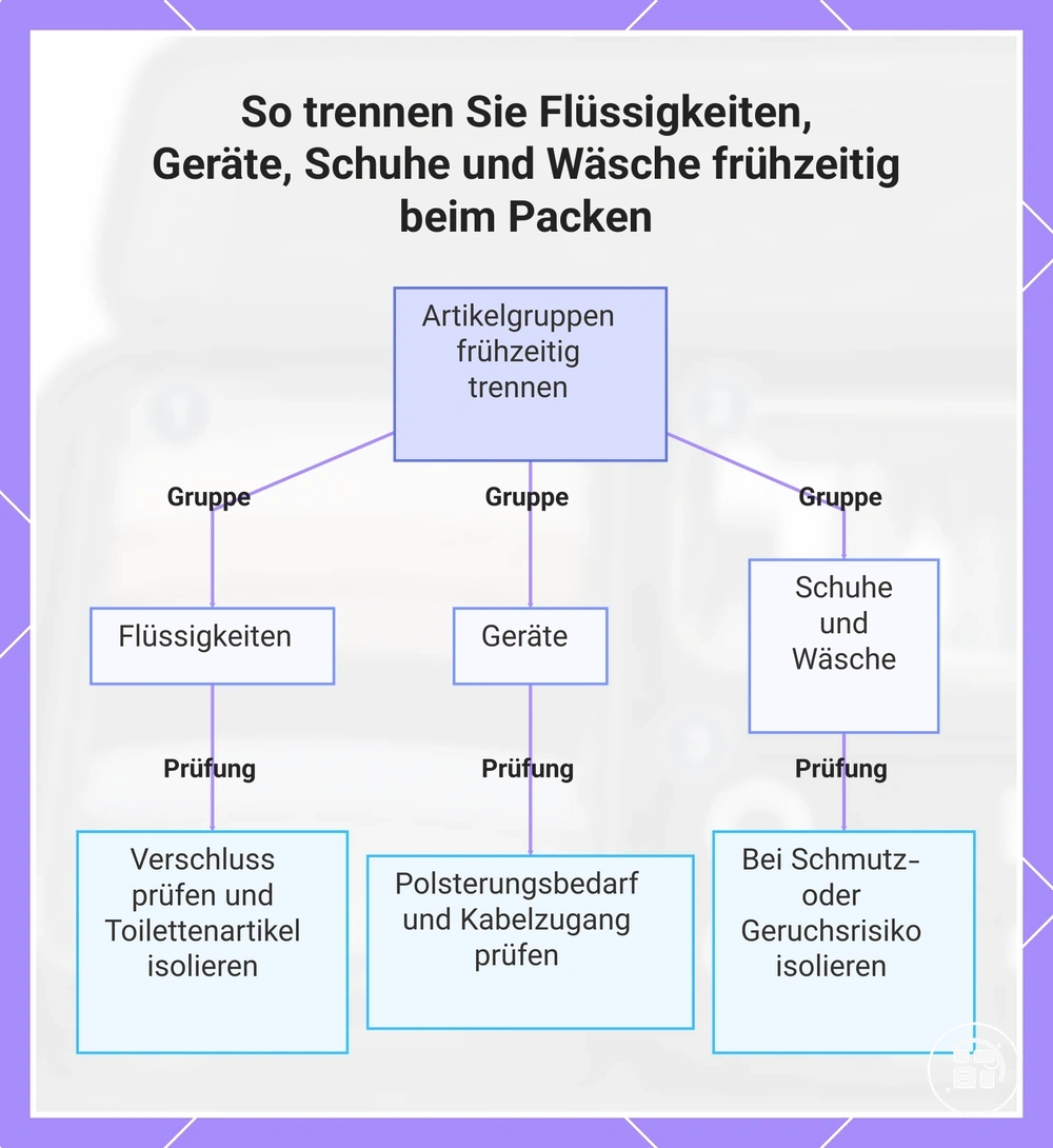 So trennen Sie Flüssigkeiten, Geräte, Schuhe und Wäsche frühzeitig beim Packen