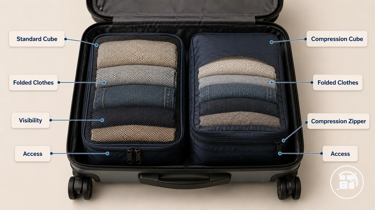Standard-Packwürfel und Kompressionswürfel im Vergleich mit gefalteter Kleidung