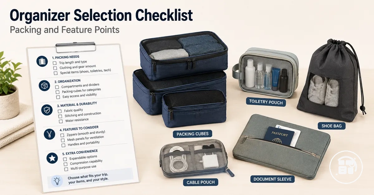 Travel organization accessories checklist with packing and selection items