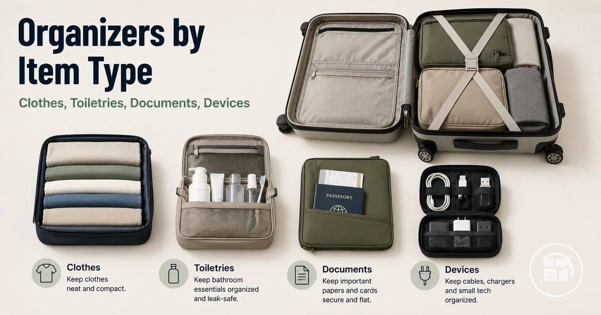 Travel organization accessories separated for clothes toiletries documents and devices
