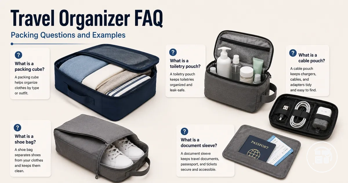 Travel organization accessories with common packing questions and organizer examples