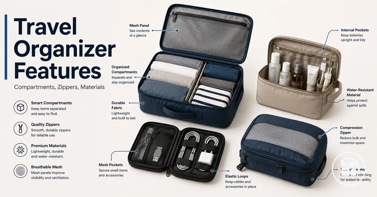Travel organization accessories showing compartments zippers and material details
