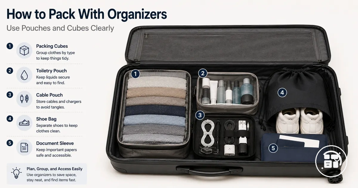 Travel organization accessories arranged inside luggage for organized packing