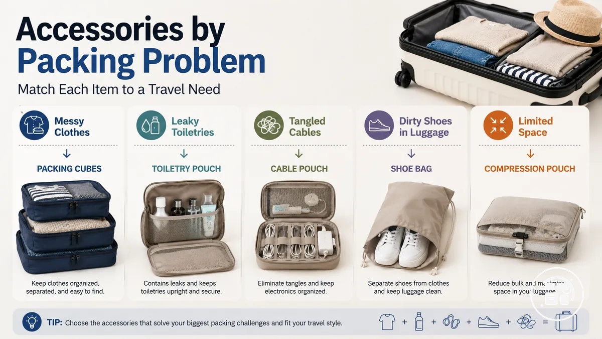 Travel organization accessories grouped for common packing problems