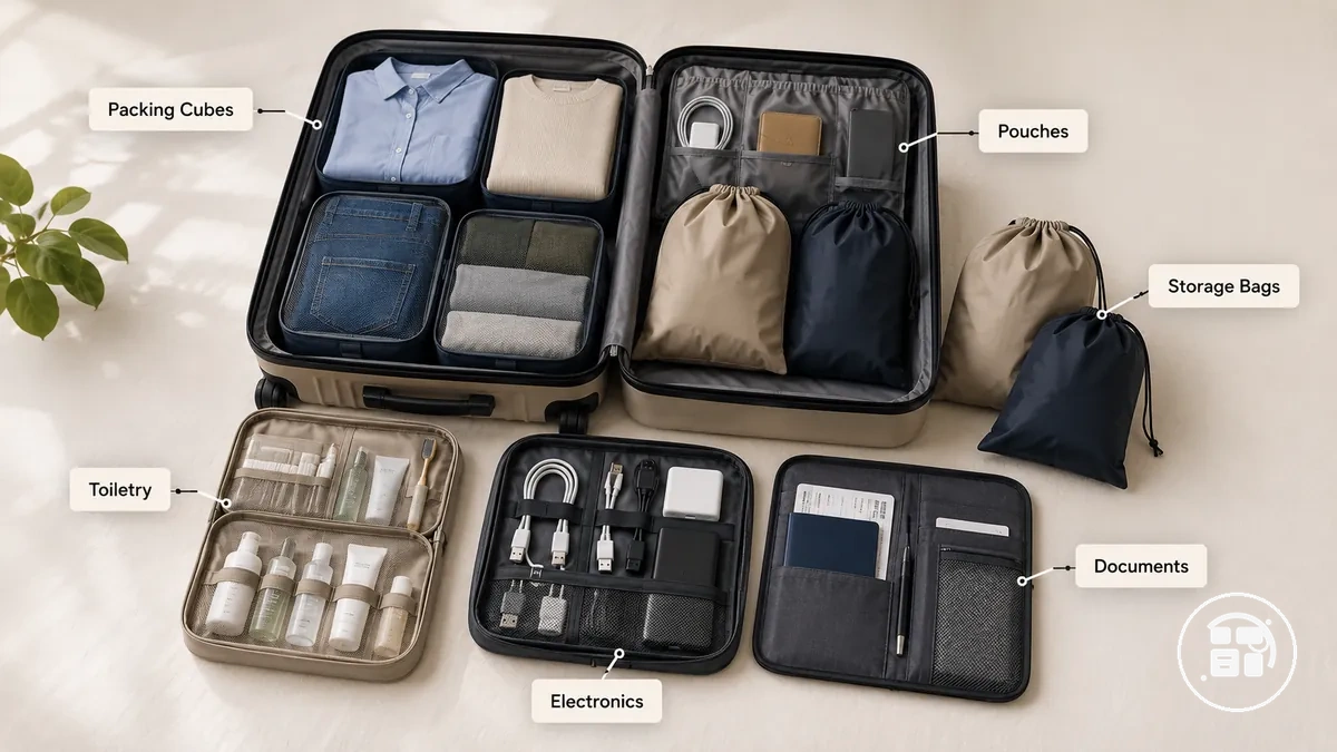 Common travel organization accessories arranged by type