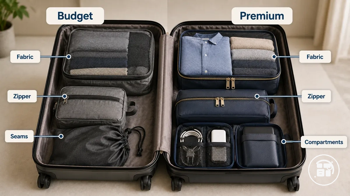 Budget and premium travel organizers compared by fabric zipper and compartment details