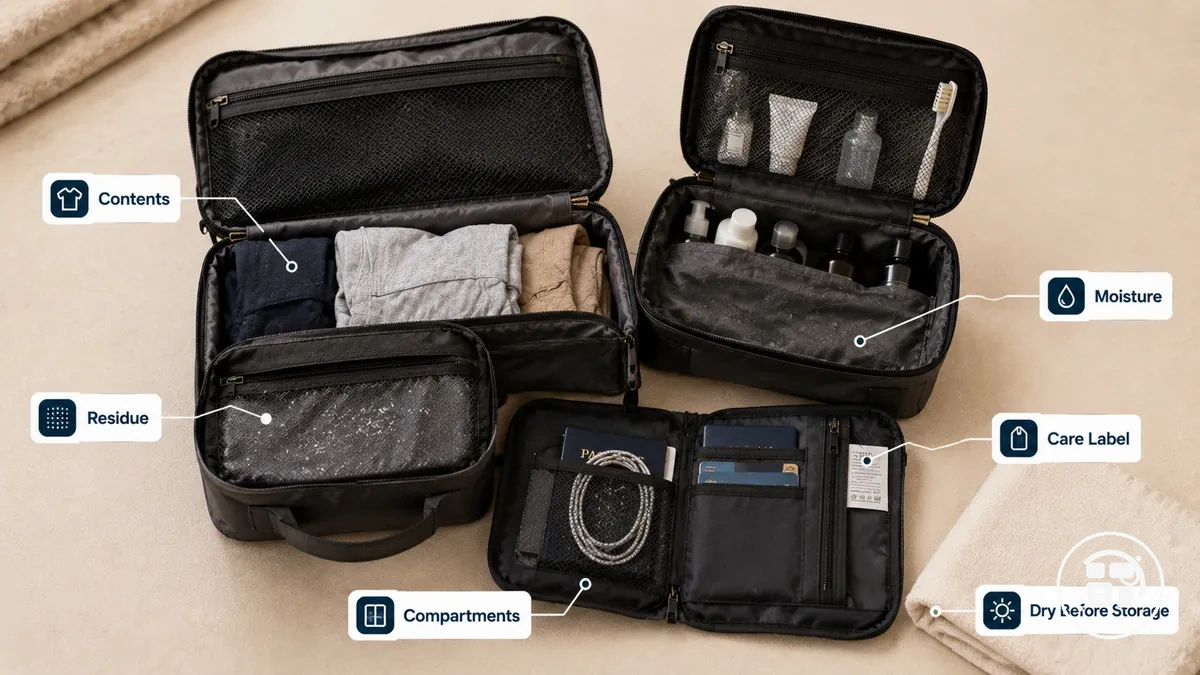 Open travel organizers checked for residue moisture and compartments before cleaning