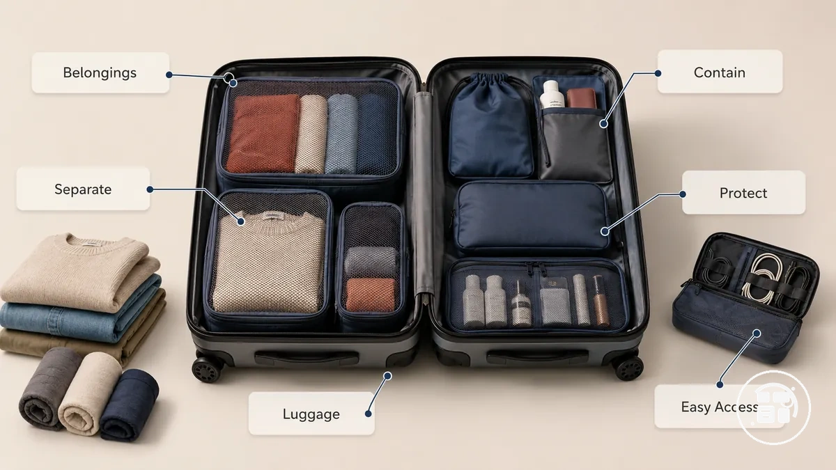 Travel organization accessories showing grouped belongings inside luggage