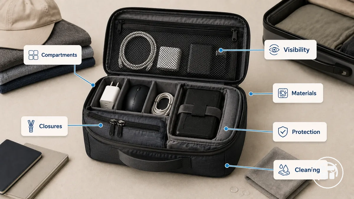 annotated travel organizer showing compartments closures mesh panels and protective materials