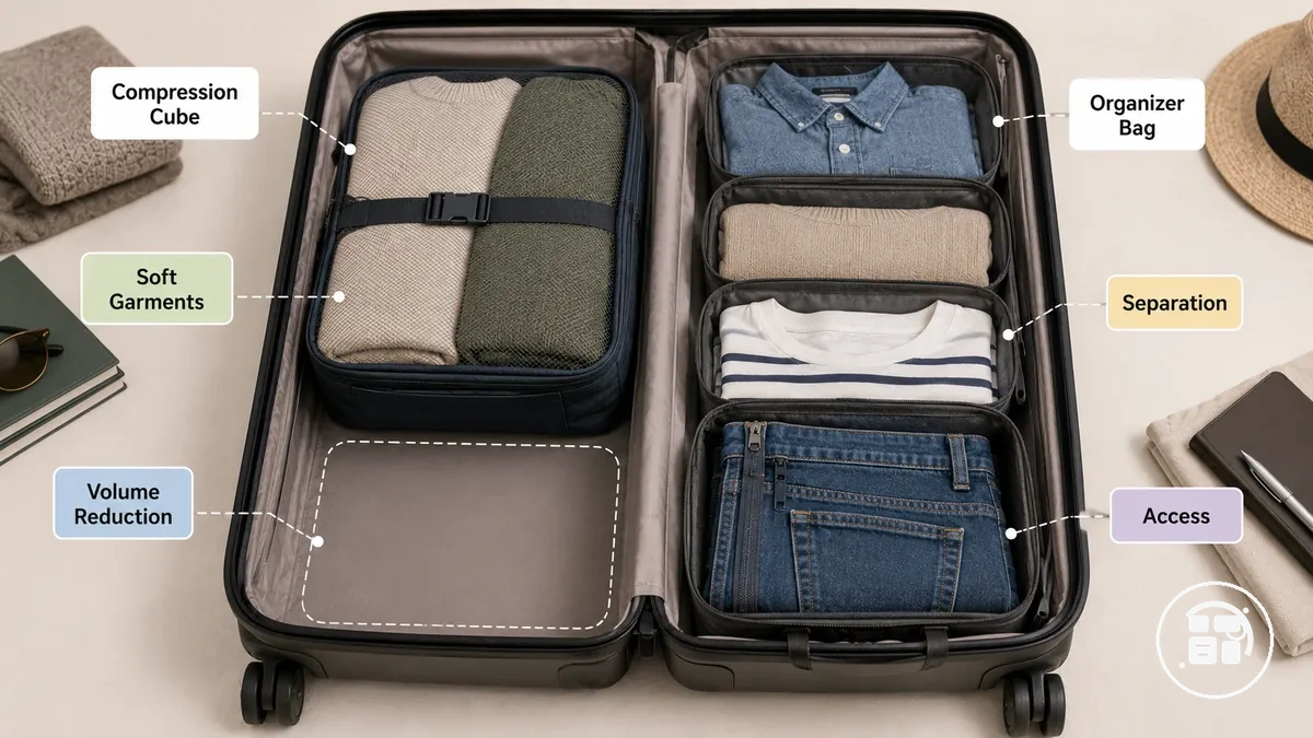 Space-saving organizers for bulky clothes and overpacked luggage