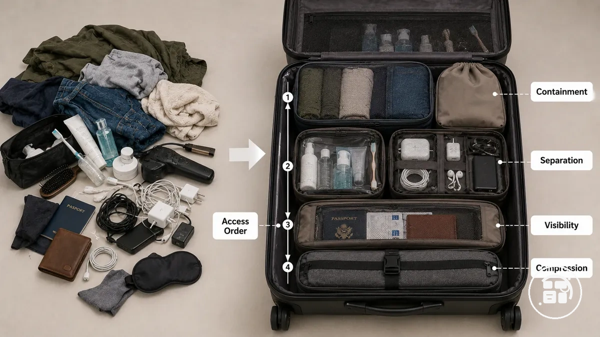 travel organizers showing grouped items before packing a suitcase