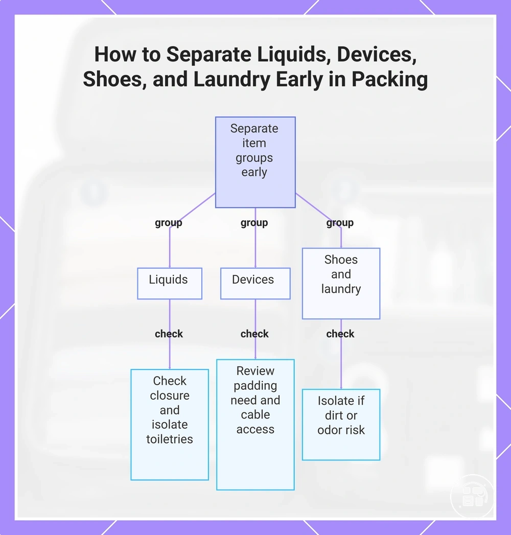How to Separate Liquids, Devices, Shoes, and Laundry Early in Packing