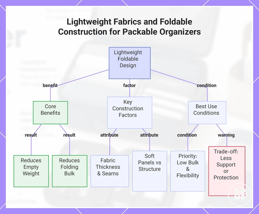 Lightweight Fabrics and Foldable Construction for Packable Organizers
