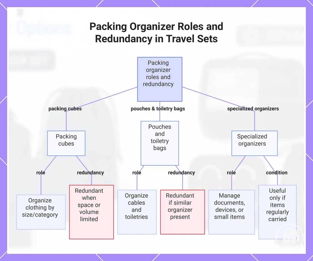 Packing Organizer Roles and Redundancy in Travel Sets