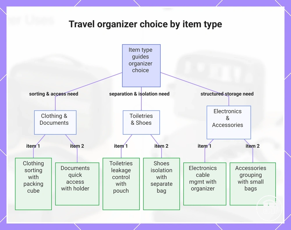 Travel organizer choice by item type