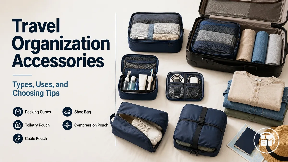 Travel organization accessories arranged for packing and comparison