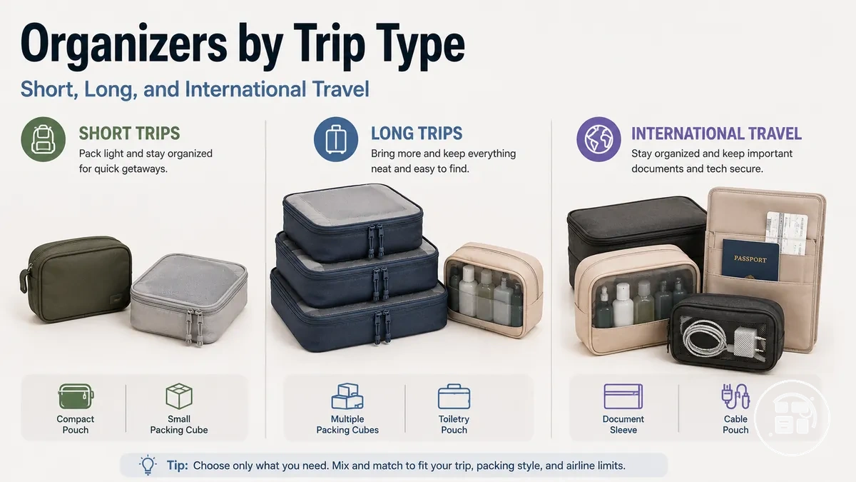 Travel organization accessories selected for short trips long trips and international travel