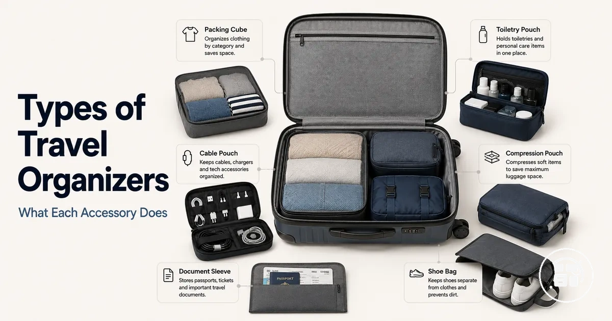 Different types of travel organization accessories shown together