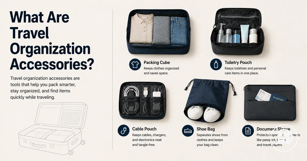 Basic travel organization accessories laid out by purpose
