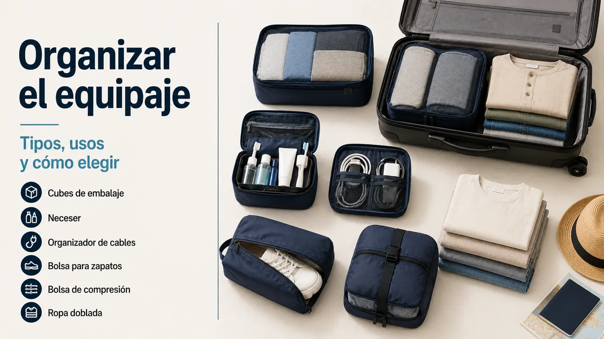 Accesorios para organizar el equipaje colocados para preparar y comparar la maleta