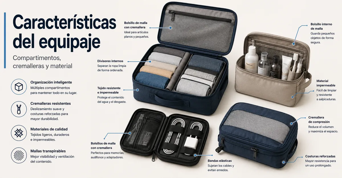 Accesorios para organizar el equipaje con compartimentos cremalleras y detalles de material