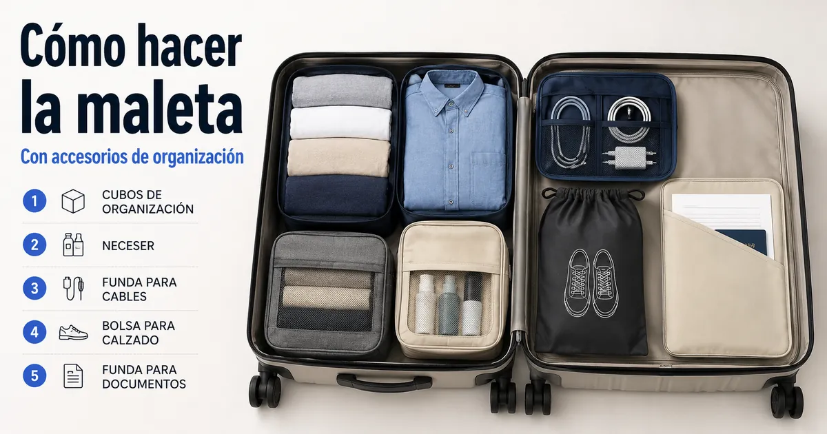 Accesorios de organización colocados dentro de una maleta ordenada