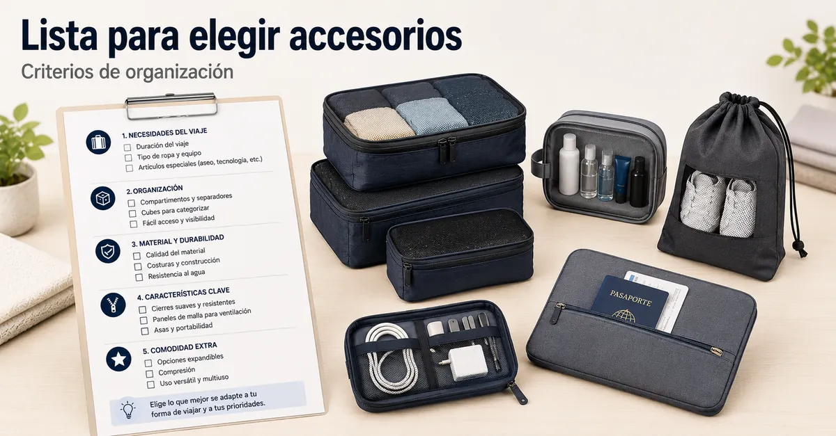 Lista de compra de accesorios para organizar el equipaje con criterios de selección