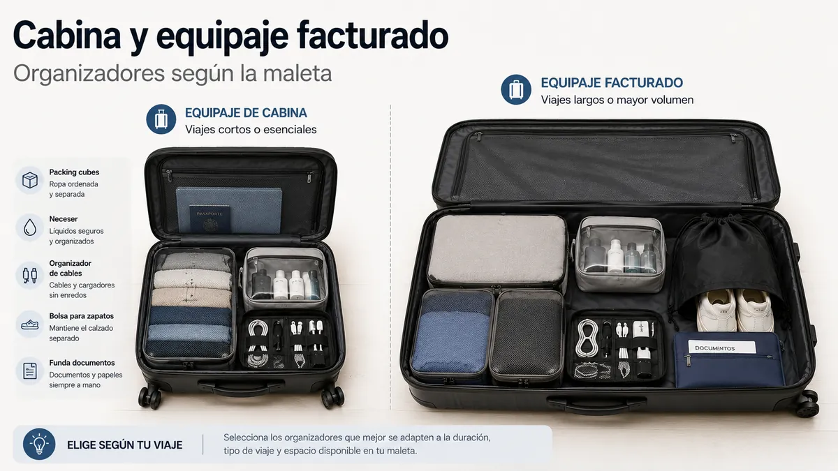 Accesorios para organizar el equipaje colocados en maleta de cabina y equipaje facturado