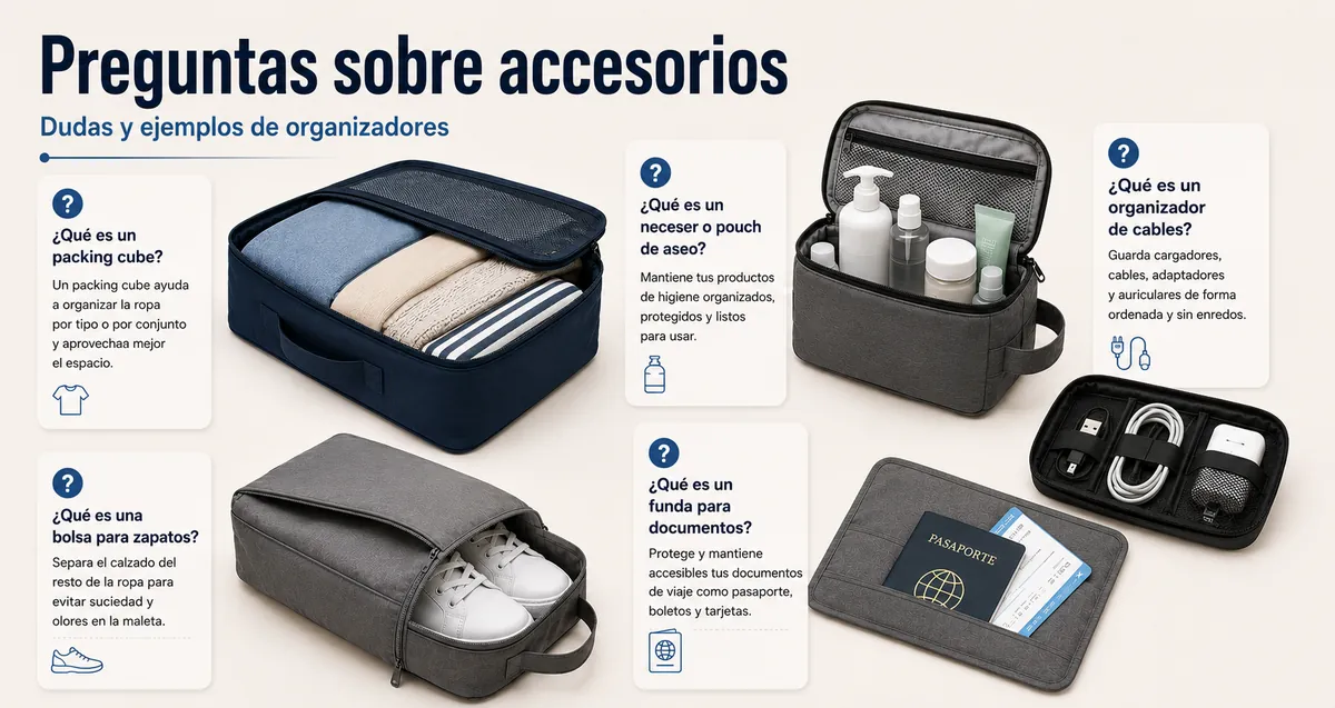 Accesorios para organizar el equipaje con preguntas habituales y ejemplos de organizadores